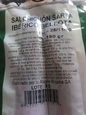 Lista de ingredientes del producto Salchichon Sarta Iberico Bellota sierra de las bellotas 150 g