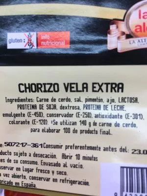 Lista de ingredientes del producto Chorizo vela extra La Alegria 