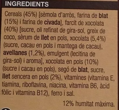 Lista de ingredientes del producto Cereal farcits de xoco Bonpreu 375 g