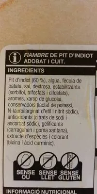 Lista de ingredientes del producto Fiambre de pechuga de pavo Bonpreu 