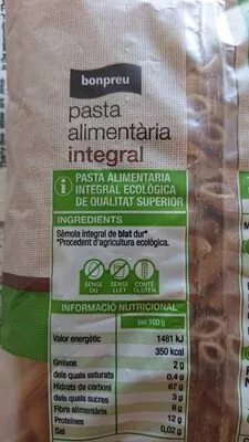 Lista de ingredientes del producto Pasta alimentaria integral Bonpreu 