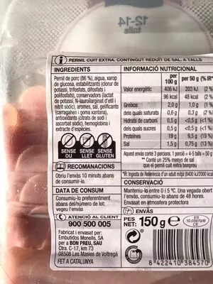 Lista de ingredientes del producto Pernil Cuit Reduït en Sal Bonpreu 