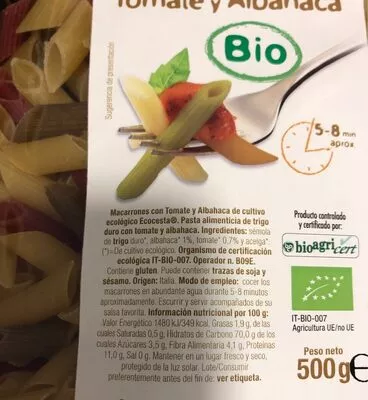 Lista de ingredientes del producto Macarrones Con Tomate Y Albahaca Ecológico Eco Cesta 500 g