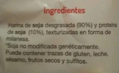 Lista de ingredientes del producto Milanesas de Soja El Granero Integral 125 g