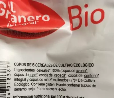 Lista de ingredientes del producto Copos de 5 cereales de cultivo ecológico el Granero integral 