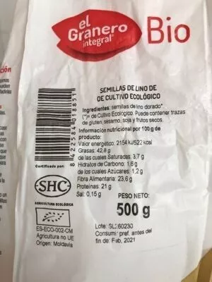 Lista de ingredientes del producto Semillas de lino de cultivo ecológico El Granero Integral 500 g