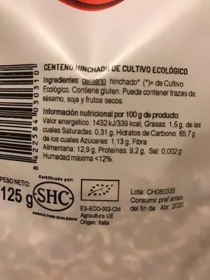 Lista de ingredientes del producto Centeno Hinchado Bio 125 G Granero El Granero,  el Granero integral 