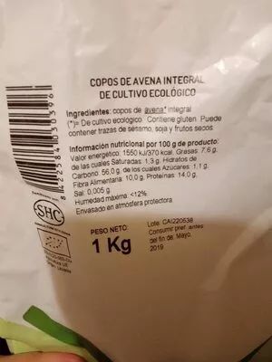 Lista de ingredientes del producto Copos de Avena Integral - Cereales el Granero integral 1 kg