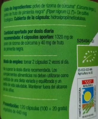 Lista de ingredientes del producto Cúrcuma + Pimienta El Granero Integral 52,8 g (100 + 20 cápsulas de 480 mg de 440 mg)