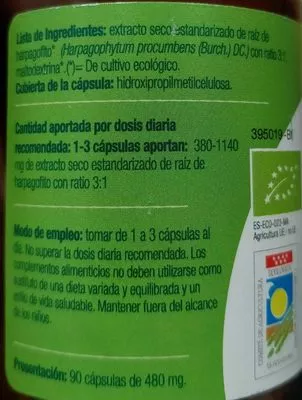 Lista de ingredientes del producto Harpago Bio El Granero Integral 90 cápsulas de 480 mg