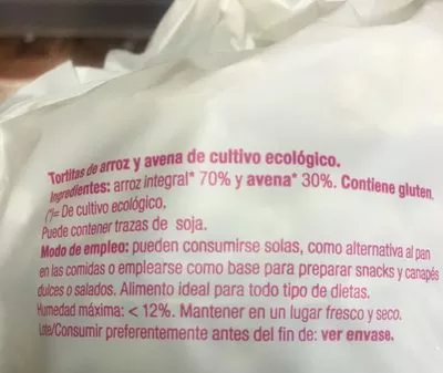 Lista de ingredientes del producto Tortitas Arroz Avena El Granero Integral 115g