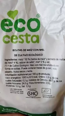 Lista de ingredientes del producto Bolitas de maíz con miel Ecocesta 400g