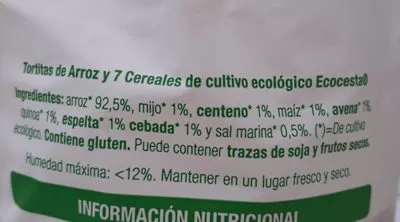 Lista de ingredientes del producto Tartine de riz soufflé Ecocesta 120 g