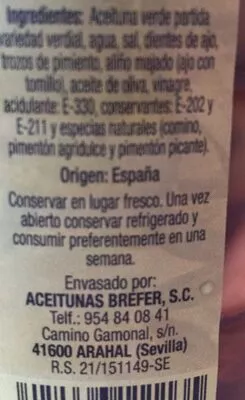 Lista de ingredientes del producto Aceitunas verdes partidas aliñadas Brefer 