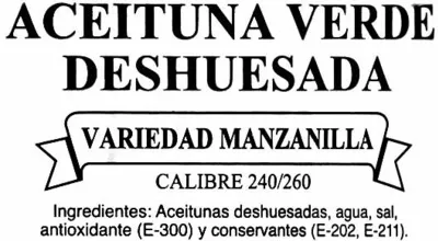 Lista de ingredientes del producto Aceitunas verdes rota con pasta de pimiento Brefer 1250 g (neto), 600 g (escurrido), 1400 ml