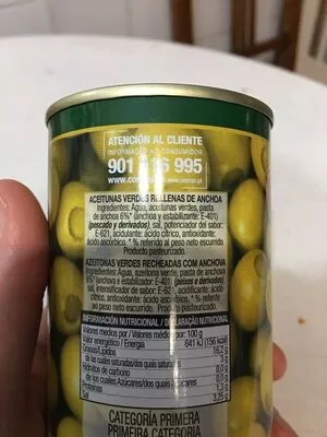 Lista de ingredientes del producto Aceitunas verdes rellenas de anchoa Coviran 