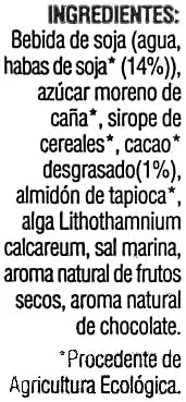 Lista de ingredientes del producto Bebida de soja ecológica con chocolate Soria Natural 1 l