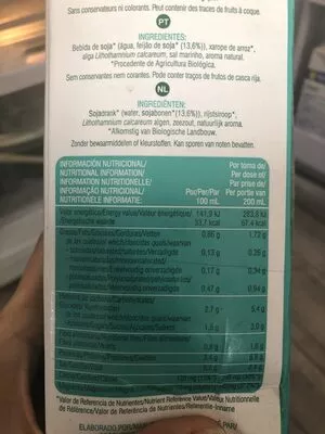 Lista de ingredientes del producto Bebida de soja orgánica ecológica Soria Natural 1 l