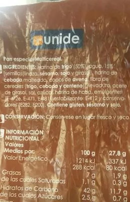 Lista de ingredientes del producto Pan de pueblo Unide 