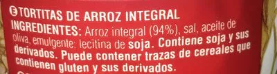 Lista de ingredientes del producto Tortitas de arroz integral Bicentury 130 g