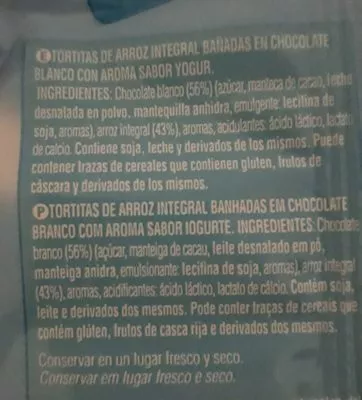 Lista de ingredientes del producto Tortitas de arroz integral sabor yogur Bicentury 