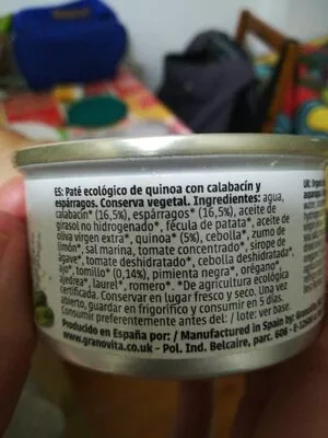 Lista de ingredientes del producto Paté ecológico de quinoa con calabacin y espárragos GranoVita 