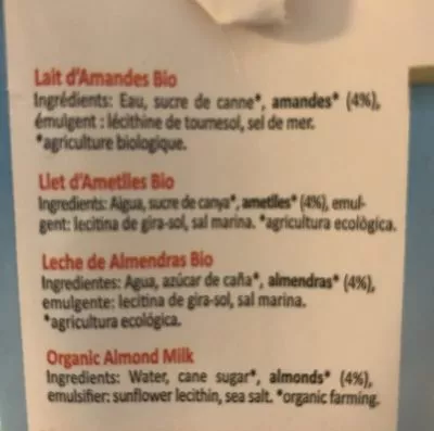 Lista de ingredientes del producto Lait d'amande Monsoy 