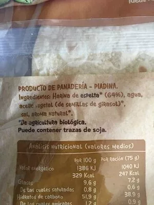 Lista de ingredientes del producto Piadina Espelta Biocop 