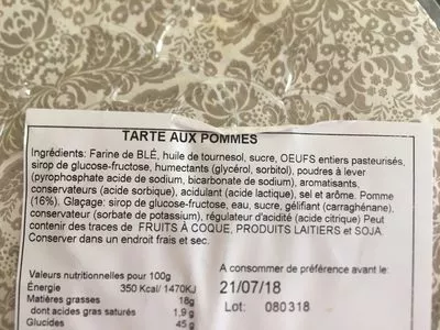 Lista de ingredientes del producto Tarte aux pommes  