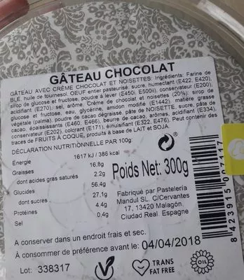 Lista de ingredientes del producto Tarte au chocolat Mandul 