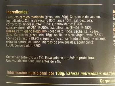 Lista de ingredientes del producto Carpaccio con queso parmigiano regioano y salsa Roler 80 g