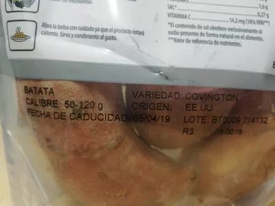 Lista de ingredientes del producto Batata al vapor Hacendado 