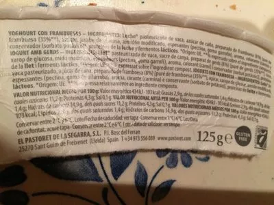 Lista de ingredientes del producto Yogur artesanal frambuesas Pastoret 125g