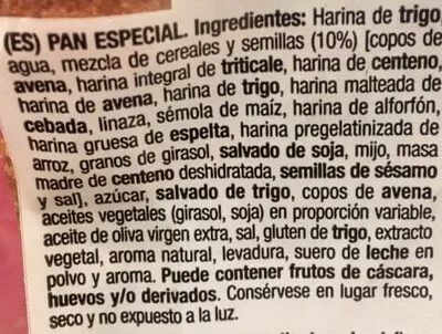 Lista de ingredientes del producto Pan 15 Cereales y Semillas Froiz 675 g