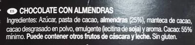 Lista de ingredientes del producto Chocolate 55% con almendras enteras Froiz 200 g