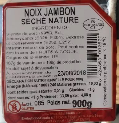 Lista de ingredientes del producto Noix De Jambon Séchée  