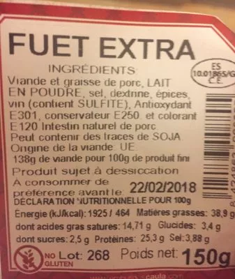 Lista de ingredientes del producto Fuet extra Caula 