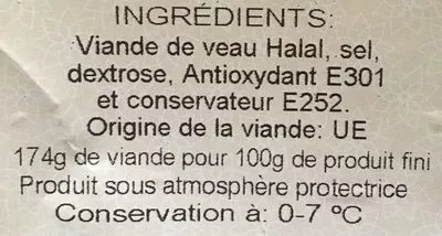 Lista de ingredientes del producto Jambon de veau halal El Benna 