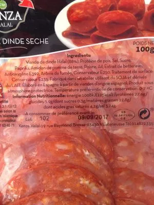 Lista de ingredientes del producto Filet de dinde seche Kenza Halal 