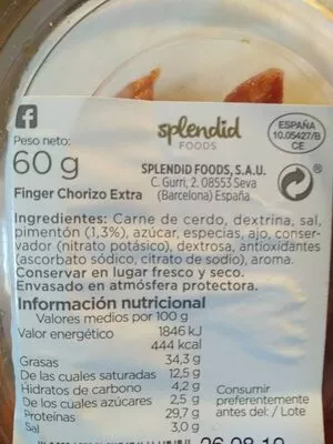 Lista de ingredientes del producto Finger chorizo extra Can Duran 50 g