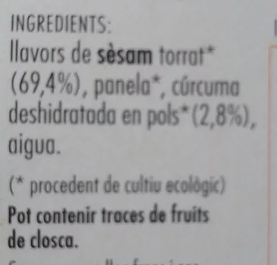 Lista de ingredientes del producto Sèsam caramel·litzat amb Cúrcuma ordi 70g