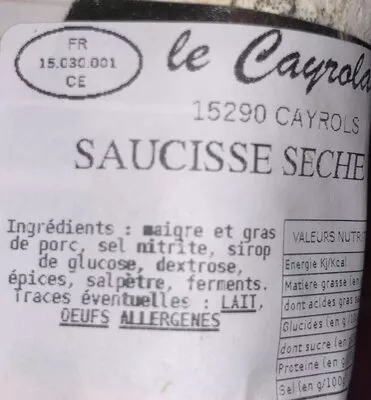 Lista de ingredientes del producto Saucisse seche  