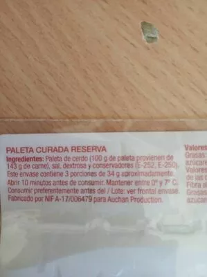 Lista de ingredientes del producto Paleta curada Reserva Auchan 