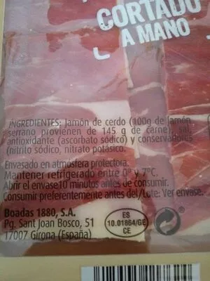 Lista de ingredientes del producto Jamón serrano gran reserva Boadas 