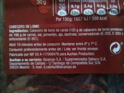 Lista de ingredientes del producto Cabecero de lomo Auchan 2 x 60 g