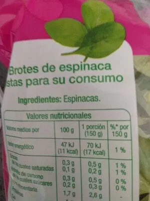 Lista de ingredientes del producto Brotes de espinaca  