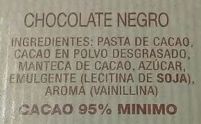 Lista de ingredientes del producto Orbea 95% chocolate artesano Orbea 125 g