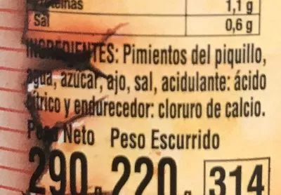 Lista de ingredientes del producto Pimientos del piquillo  