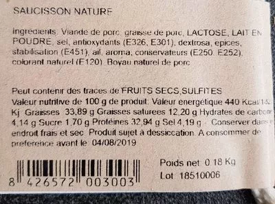 Lista de ingredientes del producto Saucisson nature Keesbo 0,18 kg