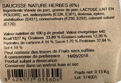 Lista de ingredientes del producto Saucisse nature herbes Keesbo 